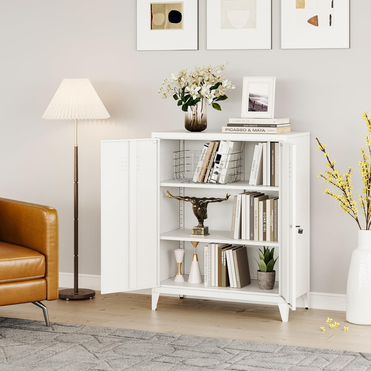 MIIIKO Metal Locker with 2 Doors, White Storage Sideboard Accent Cabinets for Kitchen, Pantry, Home Office and Bedroom MIIIKO