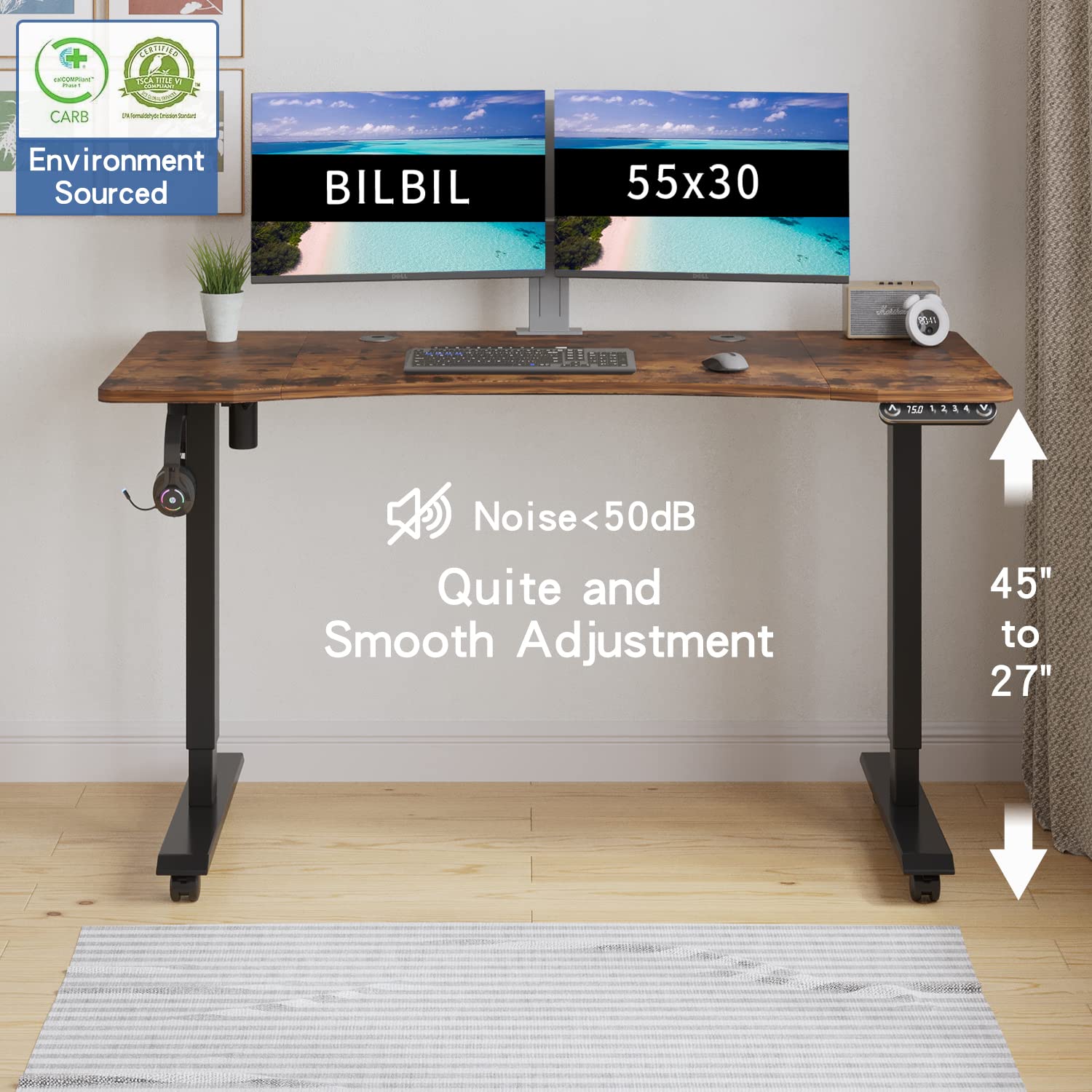 bilbil 55 x 30 Inches Curved Electric Standing Desk, Height Adjustable Sit to Stand Desk Home Office Desks with 4 Splice Boards, Casters with Brake, - WoodArtSupply