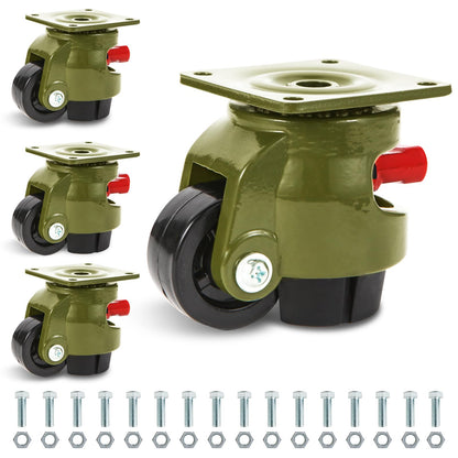 EMBOWLIFE Leveling Casters Wheels, Heavy Duty Workbench Casters with Ratchet Arm 2200 LBS, Green Retractable Casters Set of 4, Nylon Wheels &