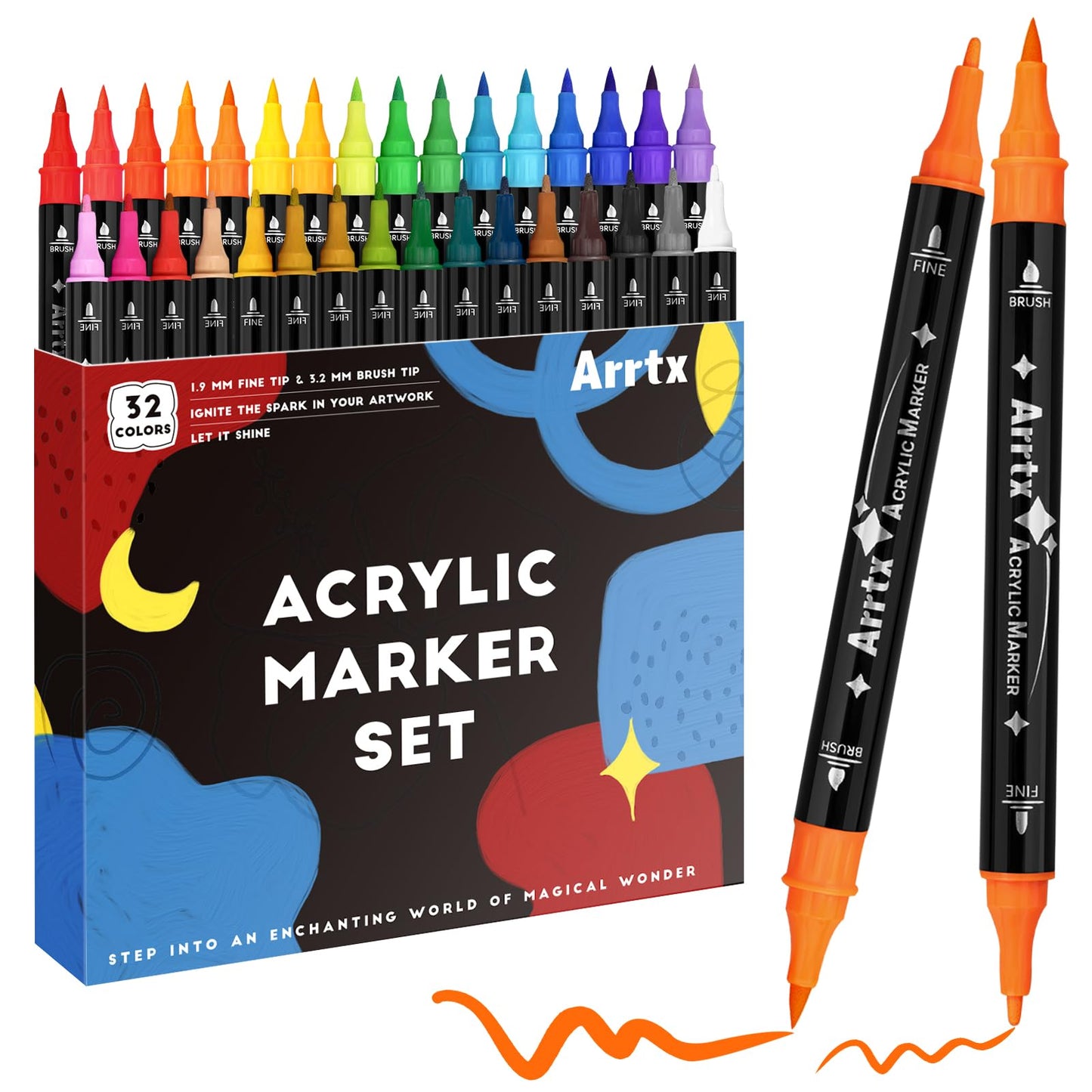 Arrtx 32 Colors Acrylic Paint Pens, Dual Tip Acrylic Paint Markers for Rock Painting, Wood, Ceramic, Fabric, Glass, Canvas, Plastic, Metal, Stone and