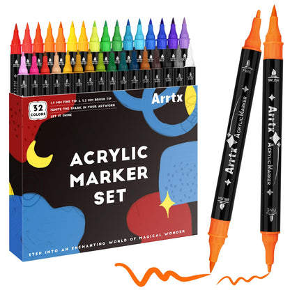 Arrtx 32 Colors Acrylic Paint Pens, Dual Tip Acrylic Paint Markers for Rock Painting, Wood, Ceramic, Fabric, Glass, Canvas, Plastic, Metal, Stone and