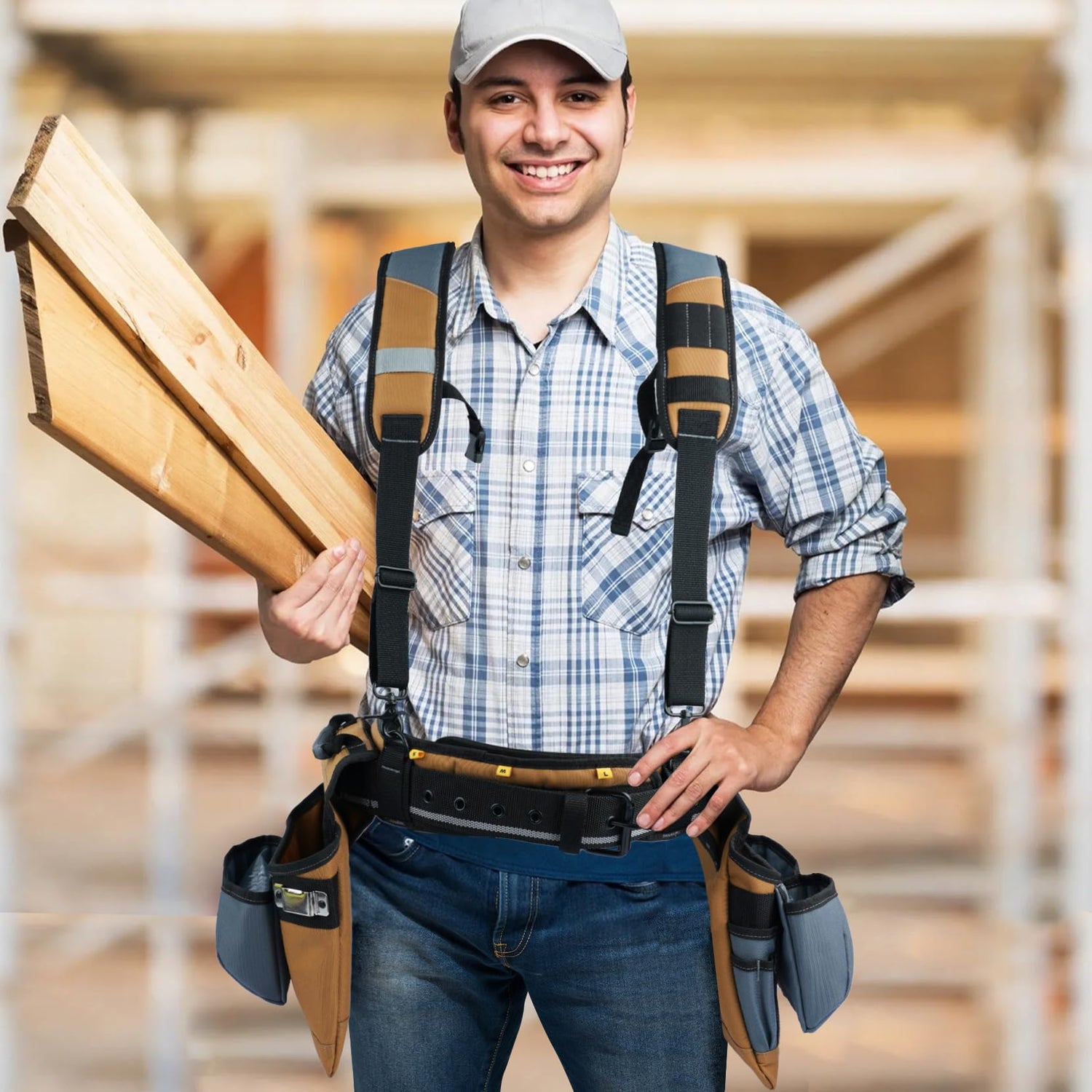KUNN Carpenter Tool Belt with Suspenders Pro Framer Suspension Tool Rig for Construction Contractors and Electrician,Khaki KUNN