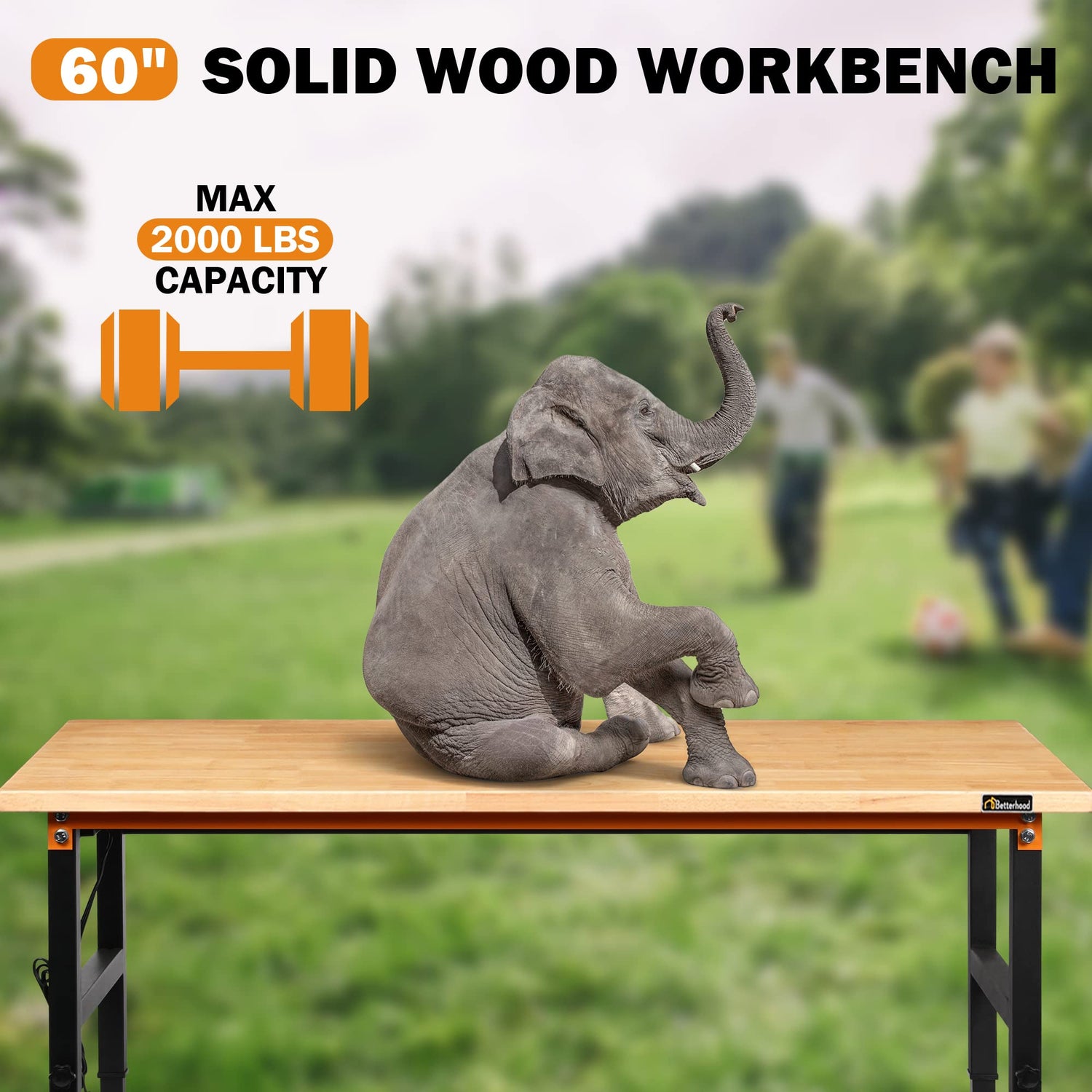 Betterhood Adjustable Height Workbench, 60" Rubber Wood Top Heavy Duty Workstation with Power Outlets, 2000 LBS Load Capacity Hardwood Worktable for Betterhood
