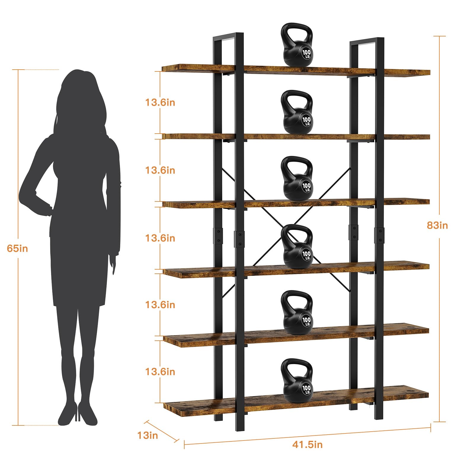 Tall 6-Tier Industrial Style Bookshelf with Rustic Wooden Shelves and Metal Frame - WoodArtSupply