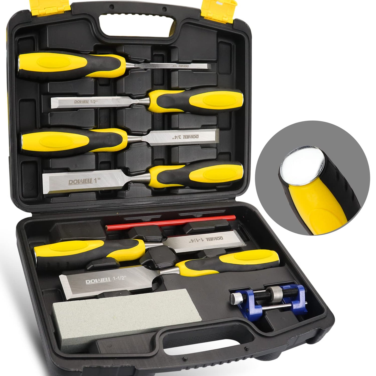 DOWELL 10PCS Wood Chisel Tool Set Sturdy Chisel, 1/4 inch,1/2 inch,3/4 inch,1 inch, 1-1/4",1-1/2"，Honing Guide,Sharpening Stone with Storage Box for DOWELL