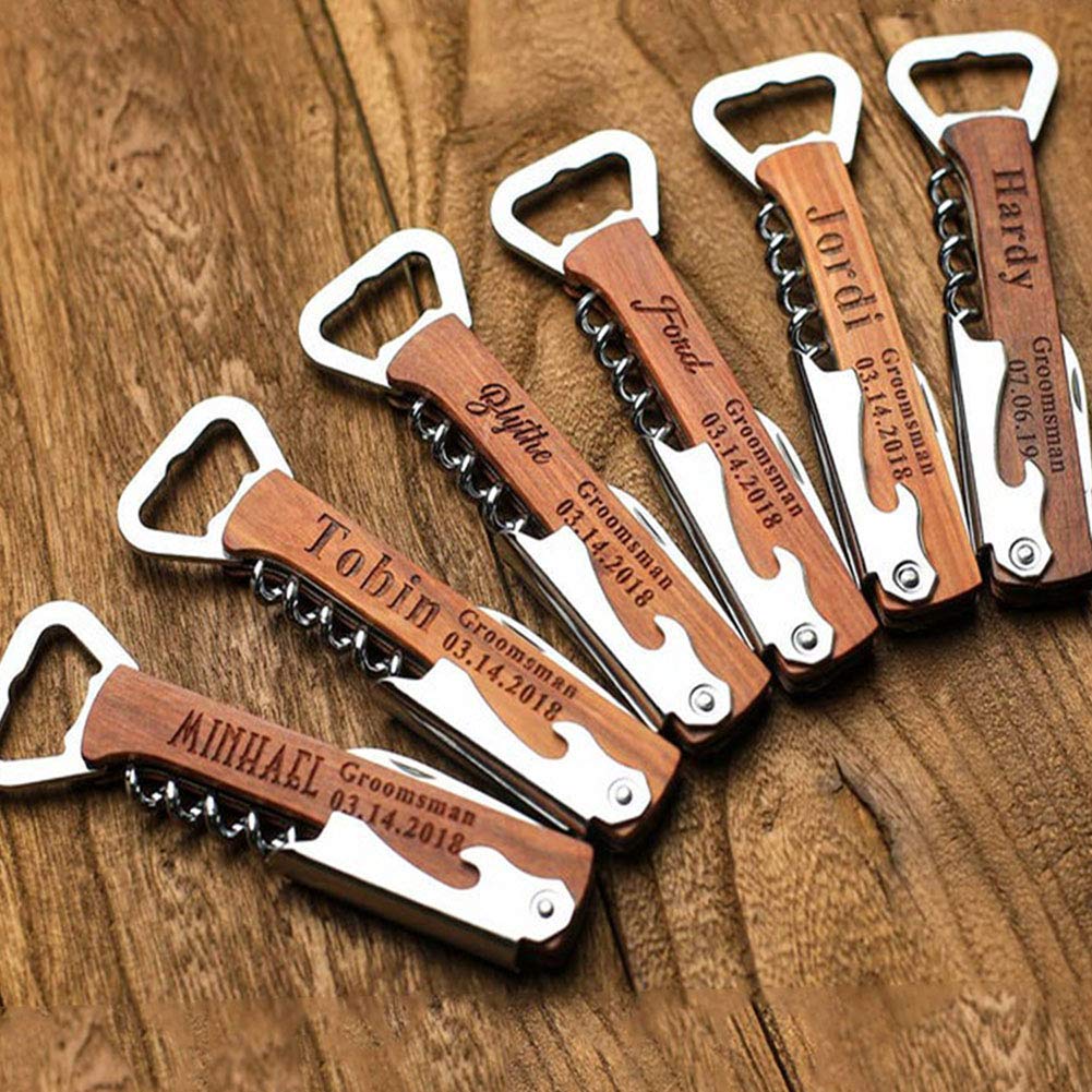 Personalized Wood Bottle Opener Wine Corkscrew, Groomsmen Corkscrew Wedding Party Gifts Engraved Wine Opener Father Day's Gift (Wooden) - WoodArtSupply