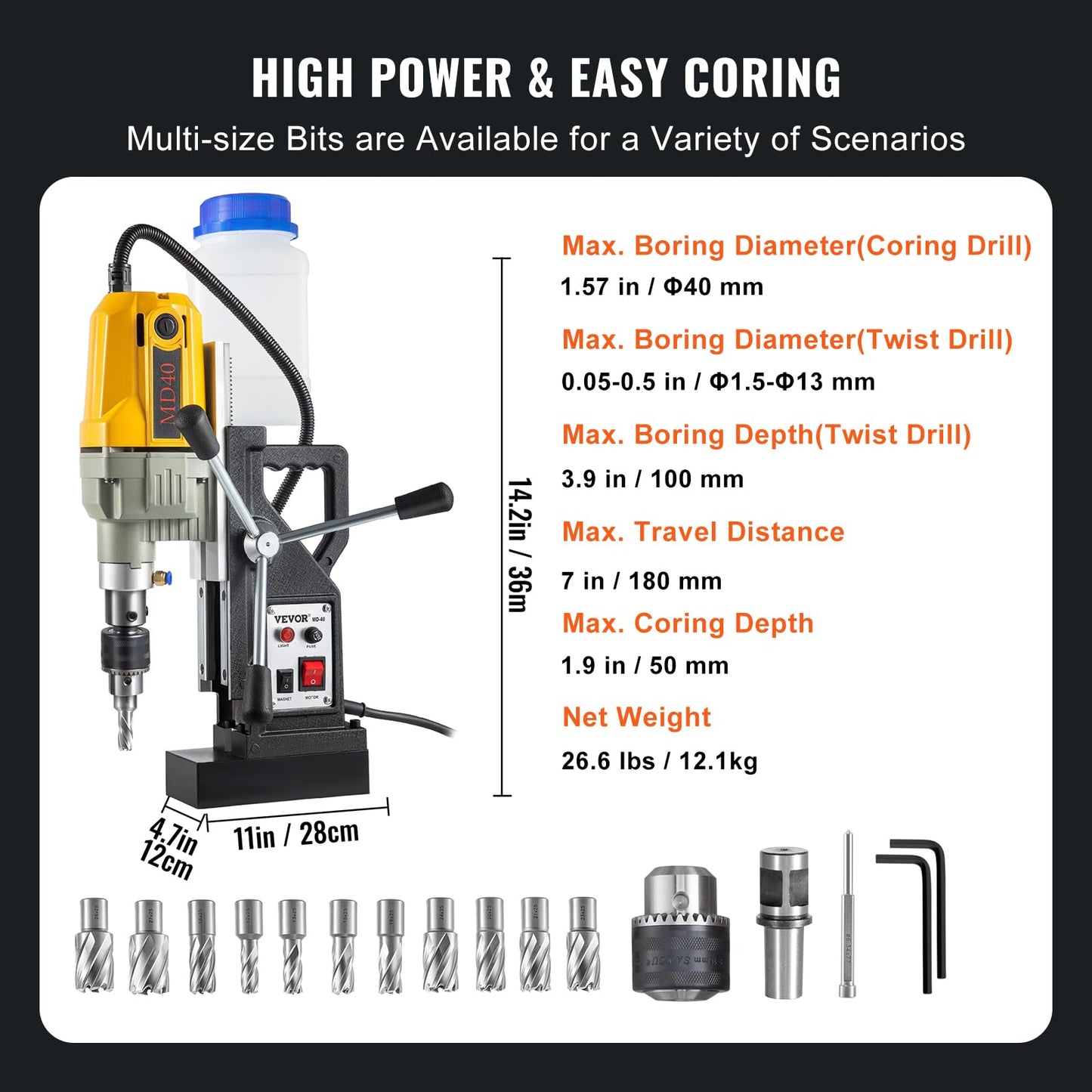 VEVOR Magnetic Drill, 1100W 1.57" Boring Diameter, 2697lbf/12000N Portable Electric Mag Drill Press with 12 Drilling Bits, 580 RPM Max Speed Drilling - WoodArtSupply