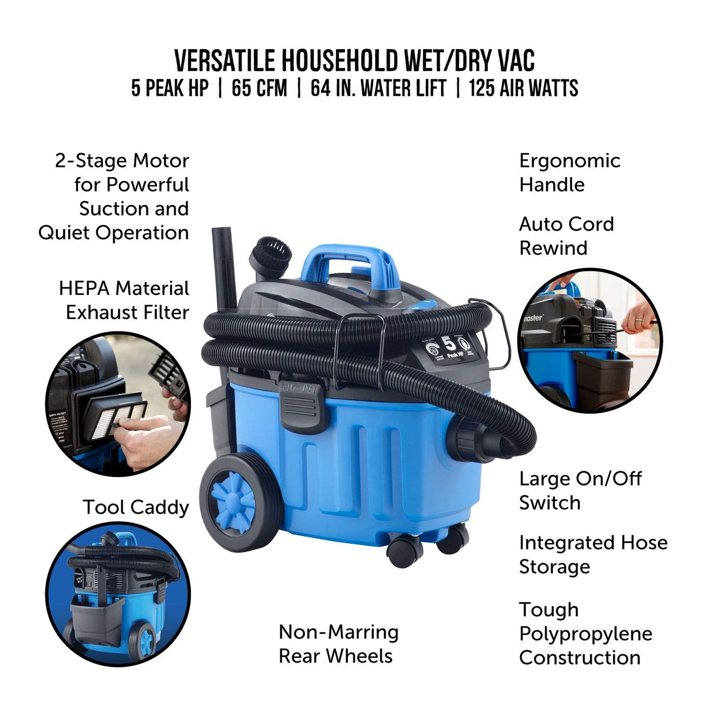 Vacmaster 4 Gallon, 5 Peak HP with 2-Stage Industrial Motor Wet/Dry Floor Vacuum, VF408, Blue