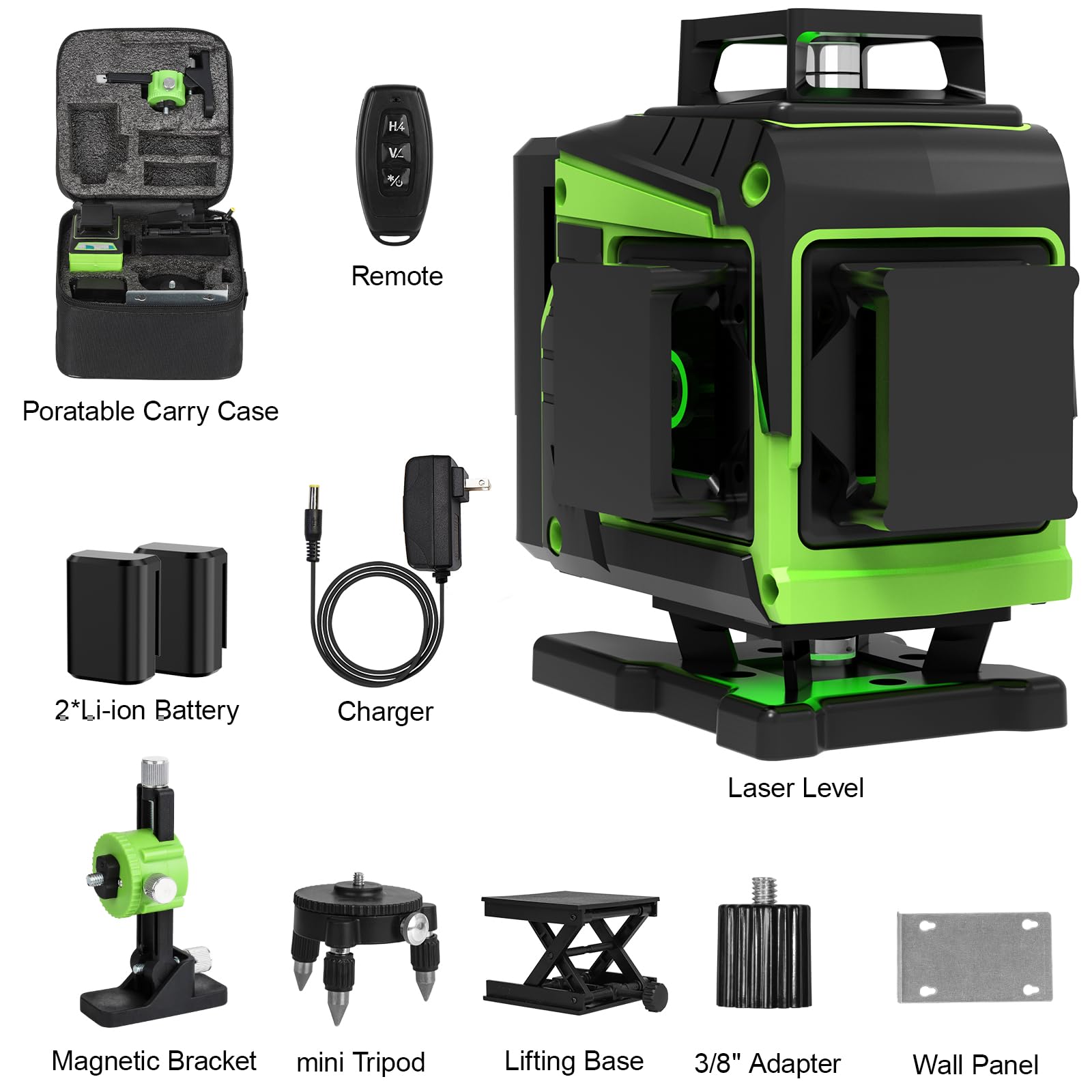 16 Lines Laser Level Self Leveling, 4x360°Professional 4D Green Cross Line laser Level for Construction and Picture Hanging with 2 Batteries, - WoodArtSupply