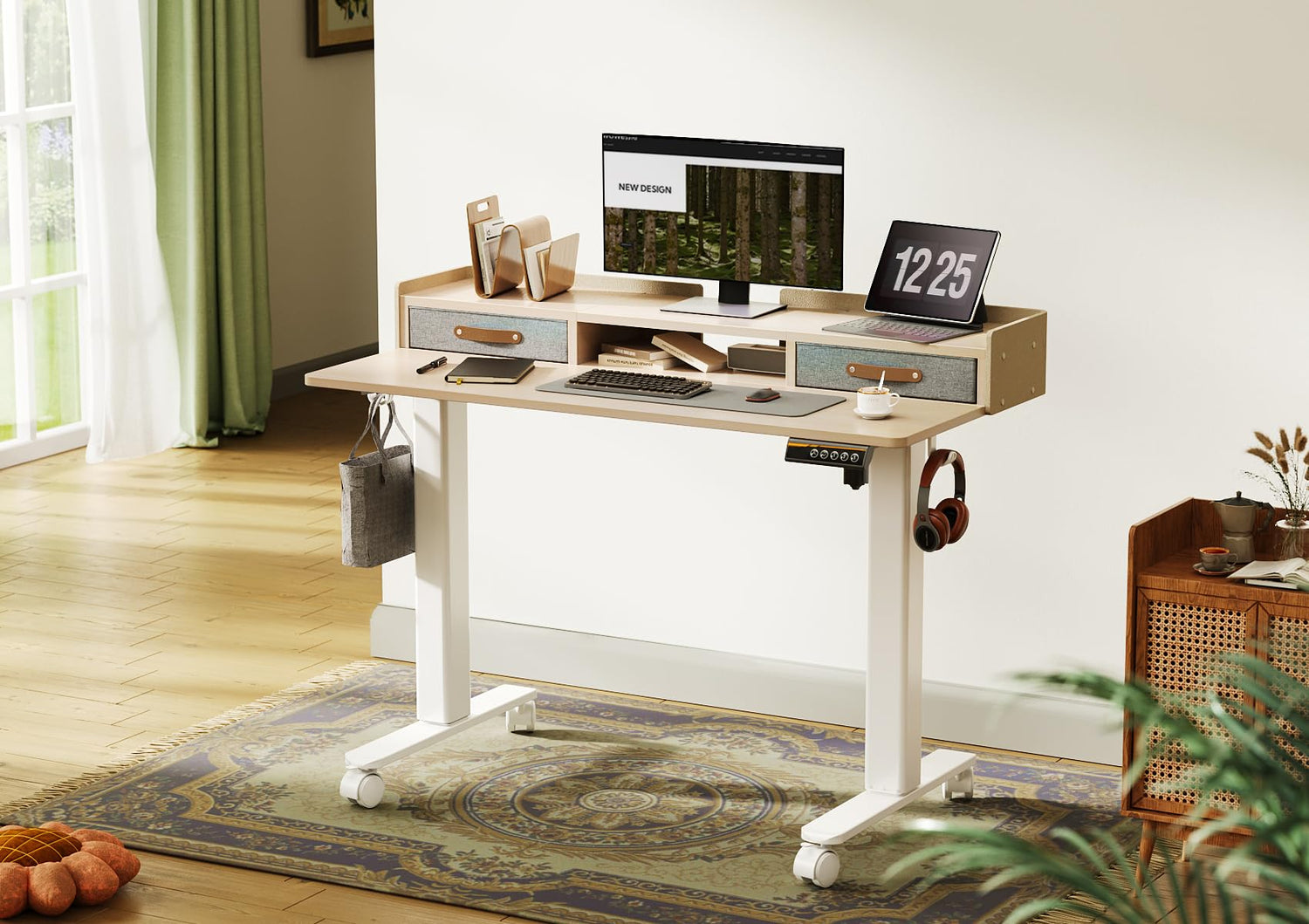 YDN Standing Desk with Drawers, 48 Inch Standing Desk Adjustable Height, Adjustable Electric Stand Up Sit Stand Small Desk with Storage and Shelf, YDN