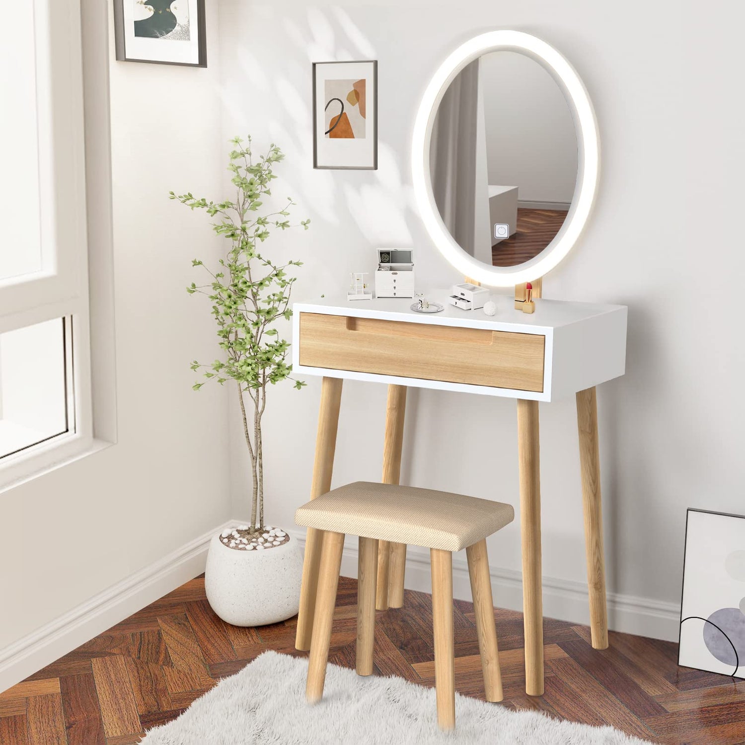 ARTETHYS Small Makeup Vanity Desk with 3 Adjustable Lighted Mirror and Chair, 24 Inch Makeup Vanity Table with Big Drawer Wooden Frame for Small ARTETHYS