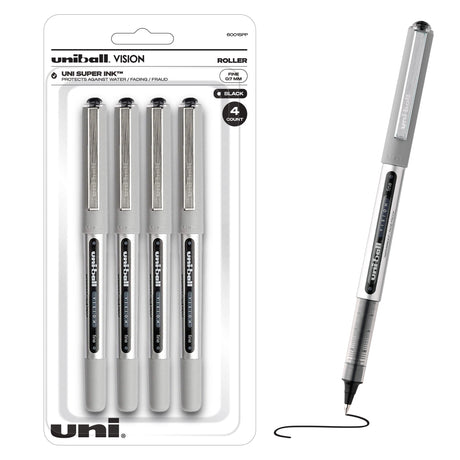 Uniball Vision Rollerball Black Pens Pack of 4, Fine Point Pens with 0.7mm Medium Black Ink, Ink Black Pen, Smooth Writing Bulk Pens, and Office uni-ball