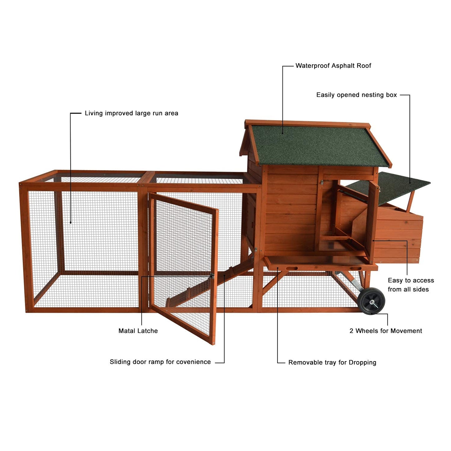 96" Deluxe Large Wooden Chicken Coop Hen House on Wheels Indoor Outdoor Rabbit Hutch Poultry Cage w/Nesting Box and Removable Tray & Ramps