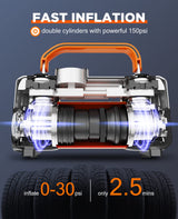 UUP Tire Inflator Air Compressor, 150PSI 12V DC Double Cylinders Heavy Duty Portable Air Pump w/Emergency LED Light for Truck, SUV, Car, RV UUP