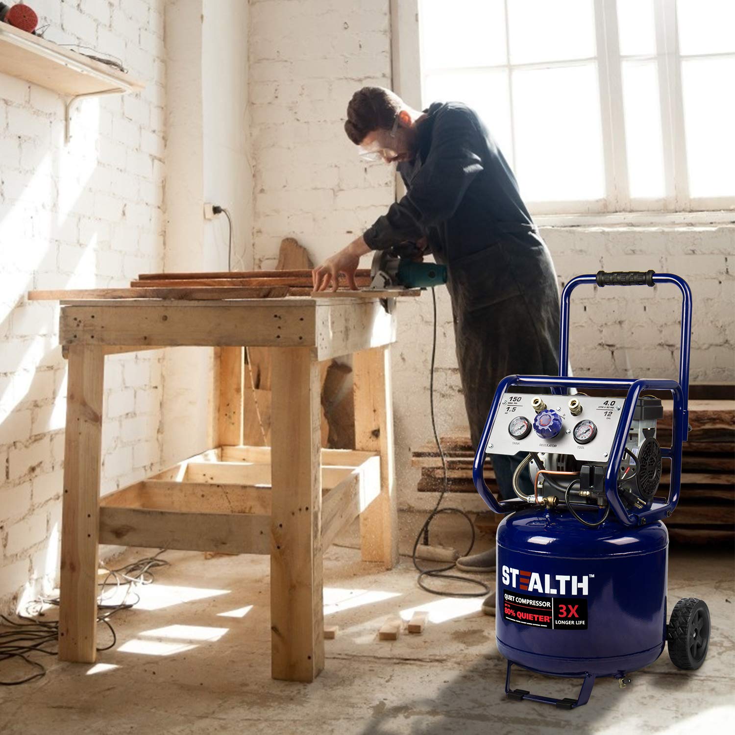 Stealth 12 Gallon Ultra Quiet Air Compressor, 1.5 HP Oil-Free Peak 150 PSI 68 Decibel Air Compressor,5 CFM @ 40 PSI 4 CFM @ 90 PSI Silent Portable Stealth