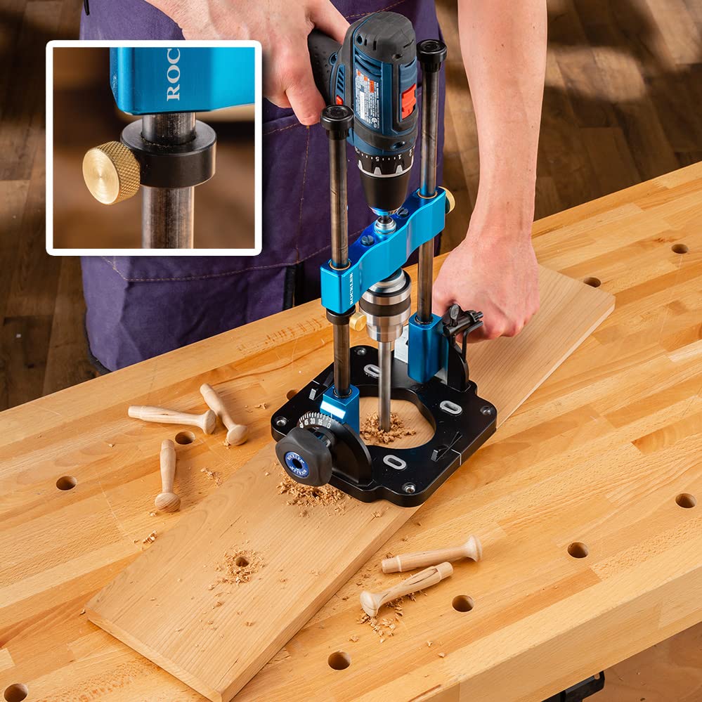 Rockler Drill Guide w/Chuck Key - Full-Size Drill Press Accessories for Small Shops - 0° to 60° Angle Drill Guide w/Easy-to-Read Protractor Scale - ROCKLER