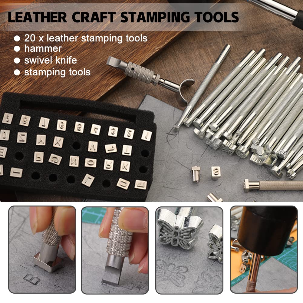 BUTUZE 440Pcs The Most Complete Leather Working Tool Set Punch Cutter Tools, Letter and Number Stamp Set, Stamping Set, Leather Apron, Tanned Leather BUTUZE