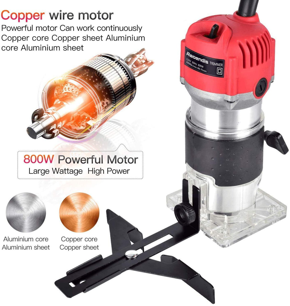 Compact Wood Palm Router Tool Hand Trimmer Woodworking Joiner Cutting Palmming Tool 30000R/MIN 650-800W 110V with 12PCS 1/4" Router Bits Raoendis