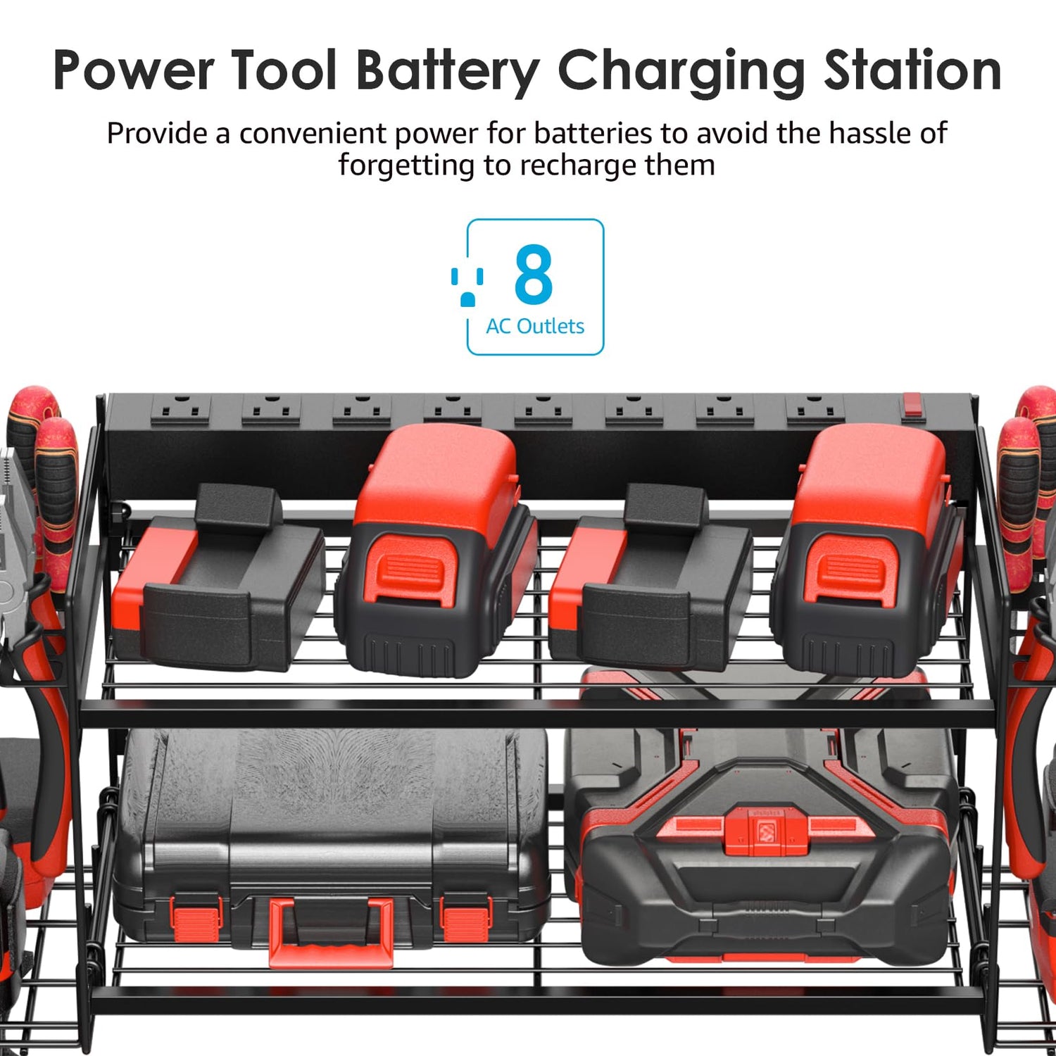 CCCEI Garage Tools Storage with Charging Station. Power Tool Battery Organizer Utility Shelf with Power Strip. 4 Drills Holder Wall Mount Rack, CCCEI