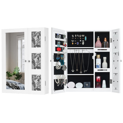 Jewelry Storage Cabnet with Mirror, Wooden Wall Mounted Jewelry Cabinet With Photo Frame, Multi-Layer Storage And Jewelry Storage - White (17.32 x