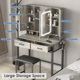 Fameill Vanity Desk with Lighted Mirror and Power Strip,Tri-Fold Mirror Makeup Vanity Table with Lights,2 Drawers Vanity Set with Hidden Storage Fameill