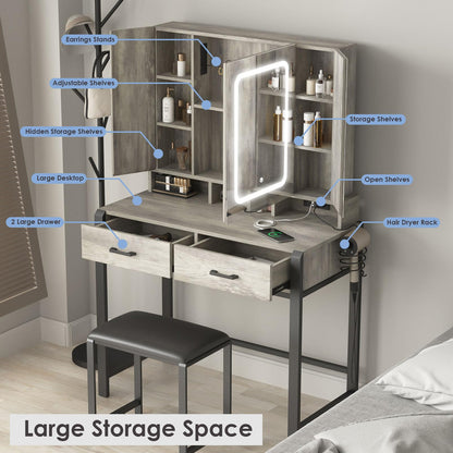 Fameill Vanity Desk with Lighted Mirror and Power Strip,Tri-Fold Mirror Makeup Vanity Table with Lights,2 Drawers Vanity Set with Hidden Storage - WoodArtSupply
