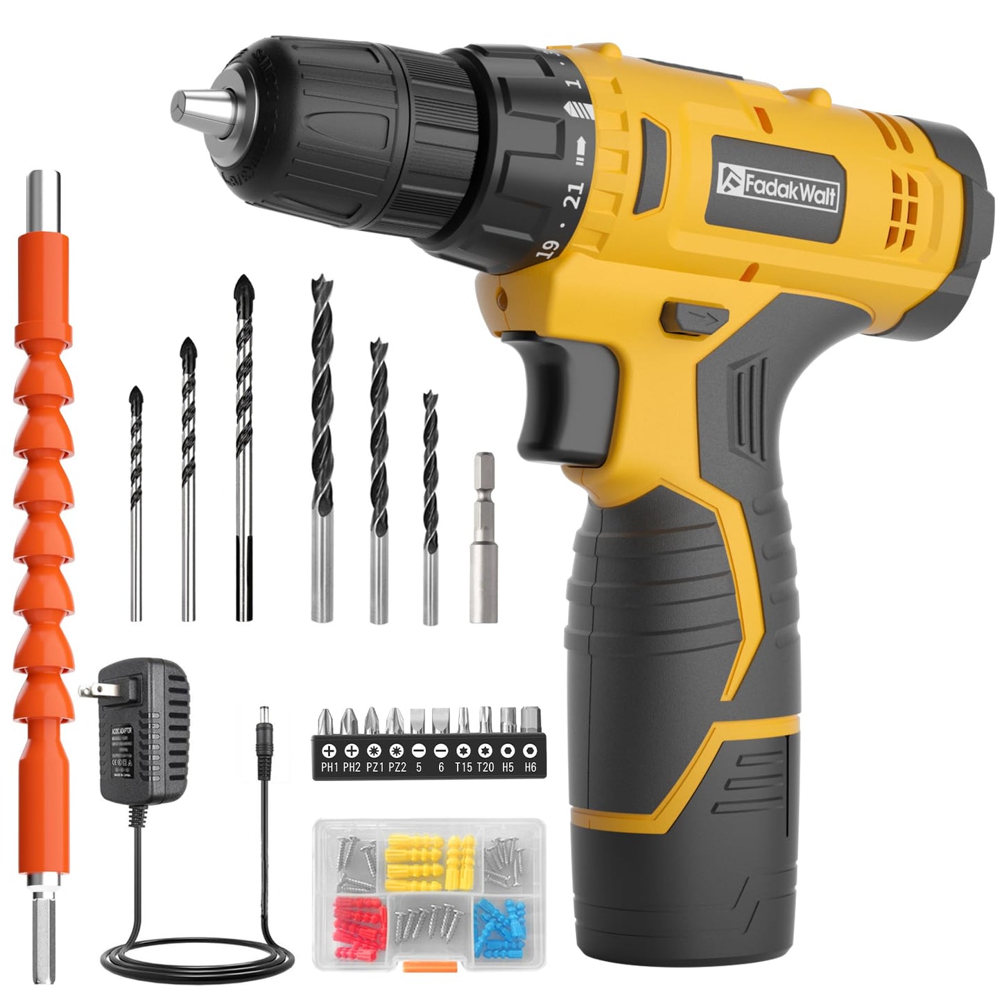 FADAKWALT Cordless Drill Set,12V Power Drill Set with Battery and Charger, compact Driver/Drill Bits, 3/8'' Keyless Chuck,21+1 Torque Setting, 180