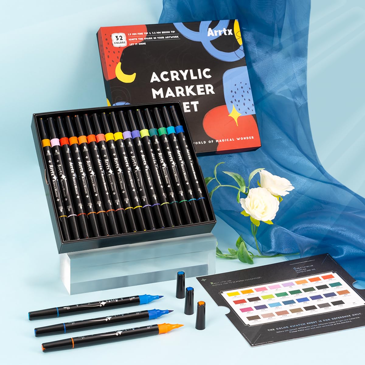 Arrtx 32 Colors Acrylic Paint Pens, Dual Tip Acrylic Paint Markers for Rock Painting, Wood, Ceramic, Fabric, Glass, Canvas, Plastic, Metal, Stone and Arrtx