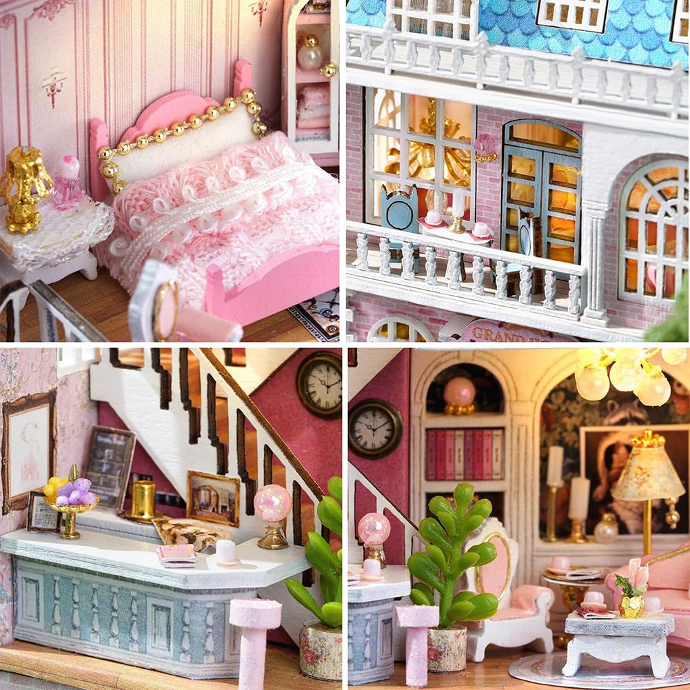 DIY Miniature Wooden Dollhouse Furniture Kit,Mini Handmade Doll House with LED,1:24 Scale Creative Woodcrafts Toys for Adult Friend Lover Birthday