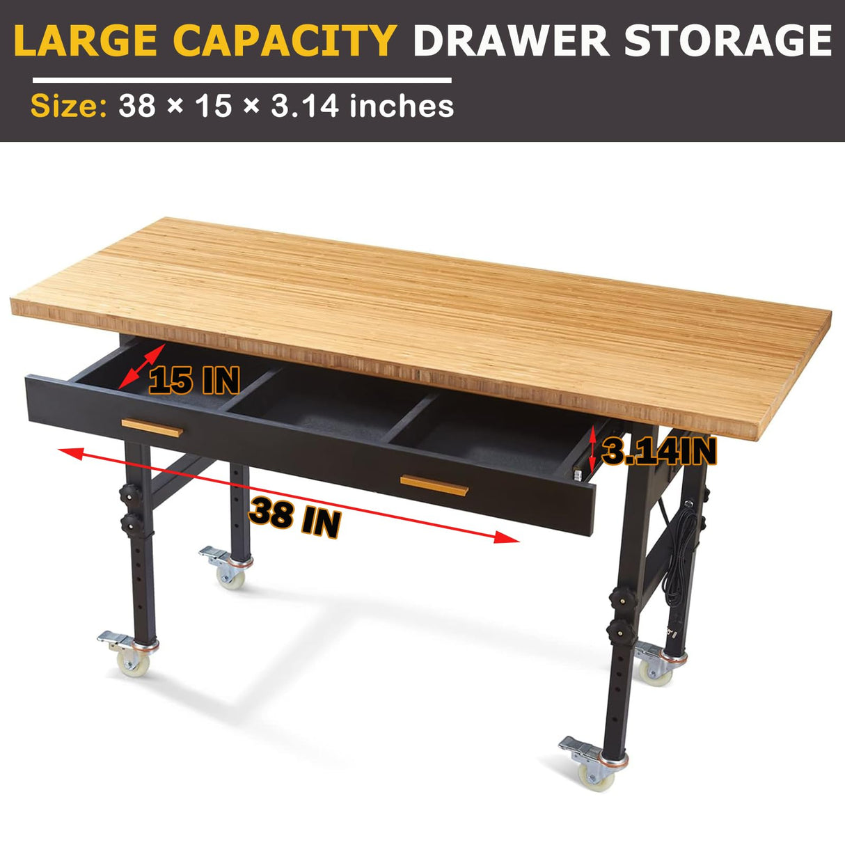 Work Bench, Adjustable Workbench with Drawer | Wheels | Power Outlet, 2700 LBS Load Capacity Heavy Duty Work Bench, Bamboo Wood Desktop Work Table HONRISE