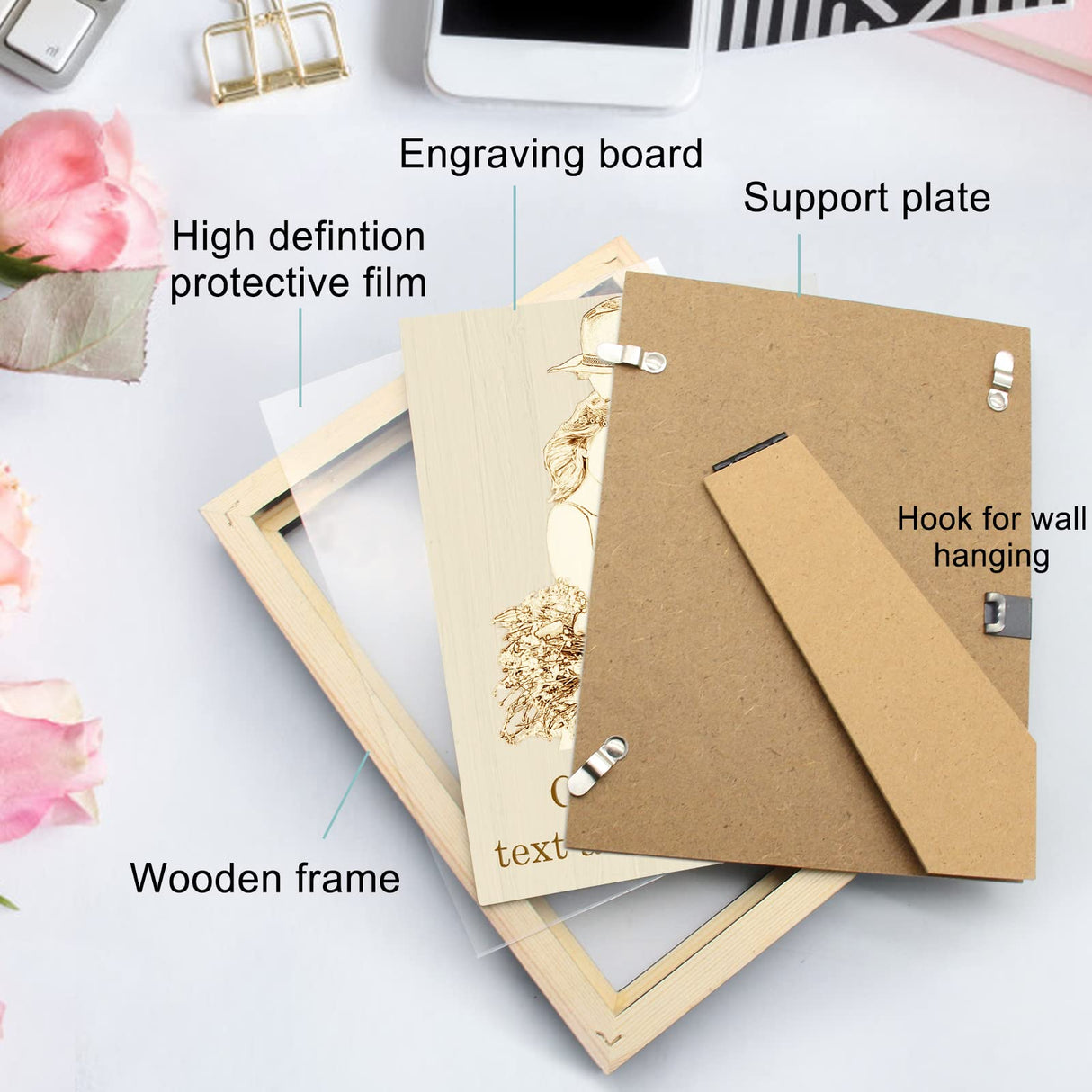 Personalized Picture Frame Wood Engraved Custom Photo Text Hanging/Tabletop Plaque for Valentine's Mother’s & Father's Day Wedding Gift WQingot