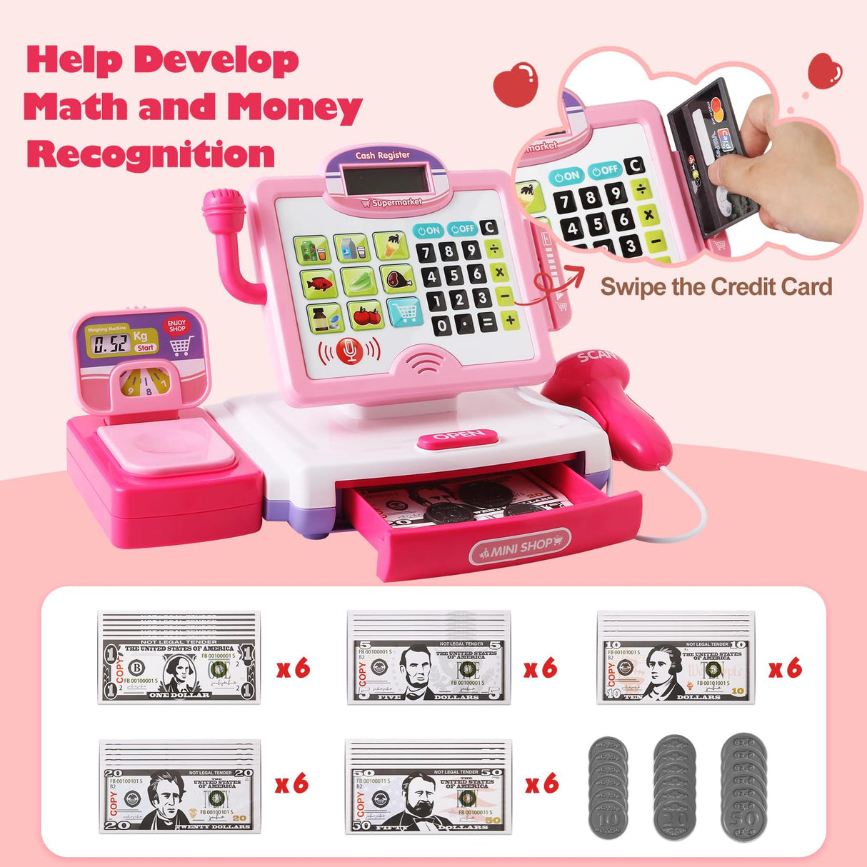 Pretend Play Calculator Cash Register Toy Gift for Kids Girls Age 3, 4, 5, 6, 7, 8+ Year Old, 57 Pcs Pink Grocery Store Playset, Incl Microphone, BAODLON