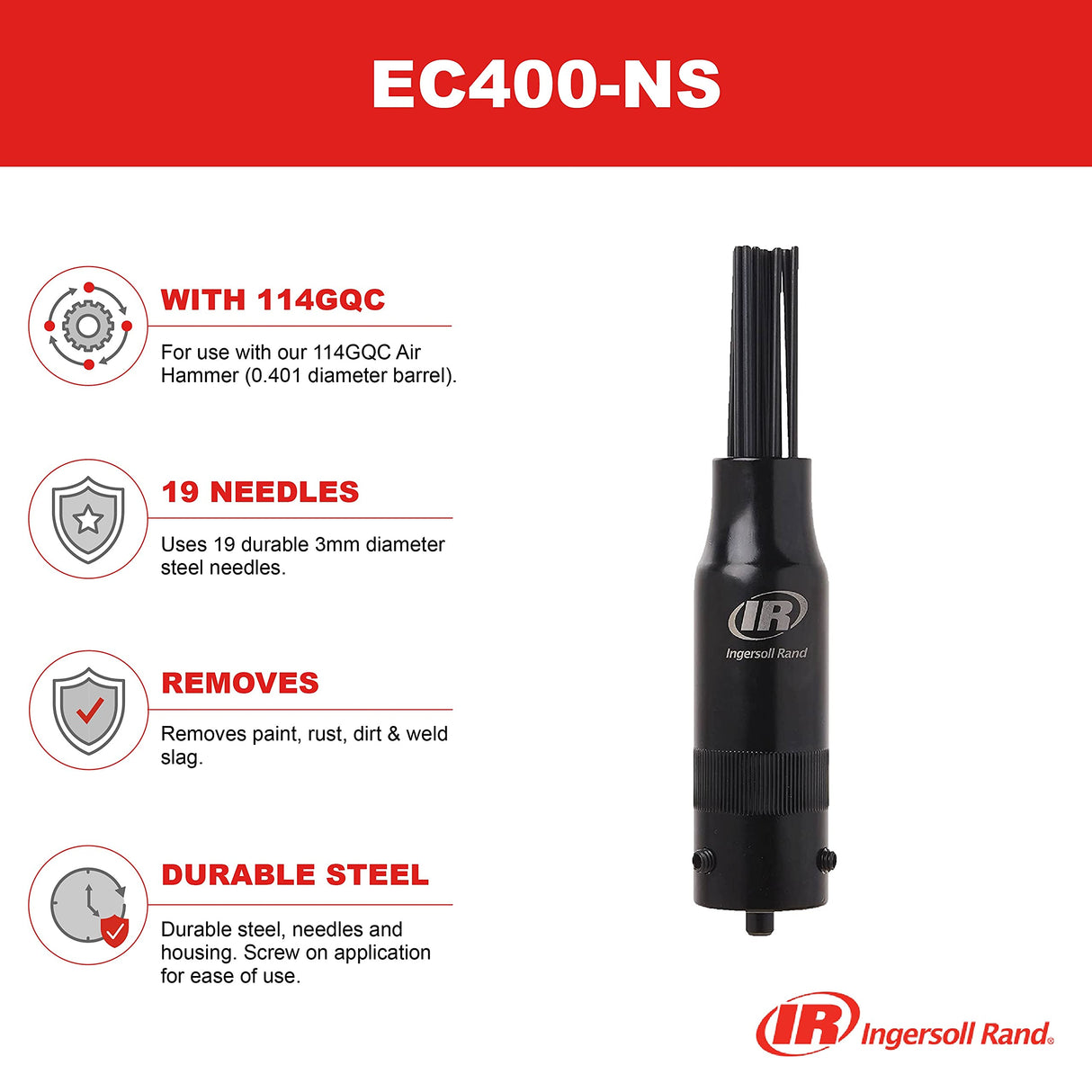 Ingersoll Rand EC400-NS Edge Series Needle Scaler Attachment, Screw On for Use w/ 114GQC Air Hammer (0.401 Diameter Barrel), Paint, Rust, Dirt and Ingersoll Rand