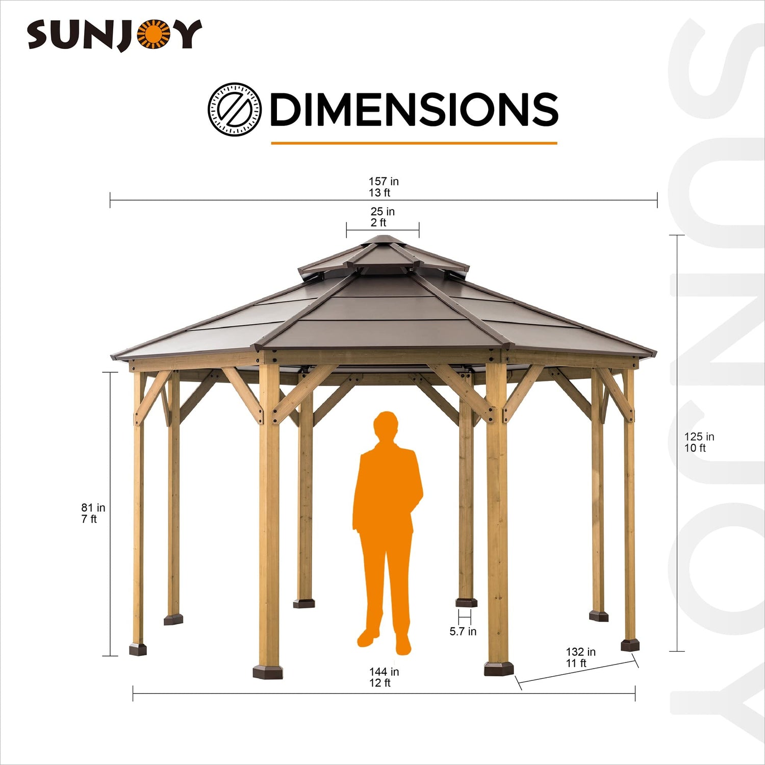 Sunjoy Ion Collection 13 x 13 ft. Cedar Framed Octagon Wood Gazebo with Brown Double Tiered Steel Hardtop Roof and Ceiling Hook for Garden, Backyard Sunjoy