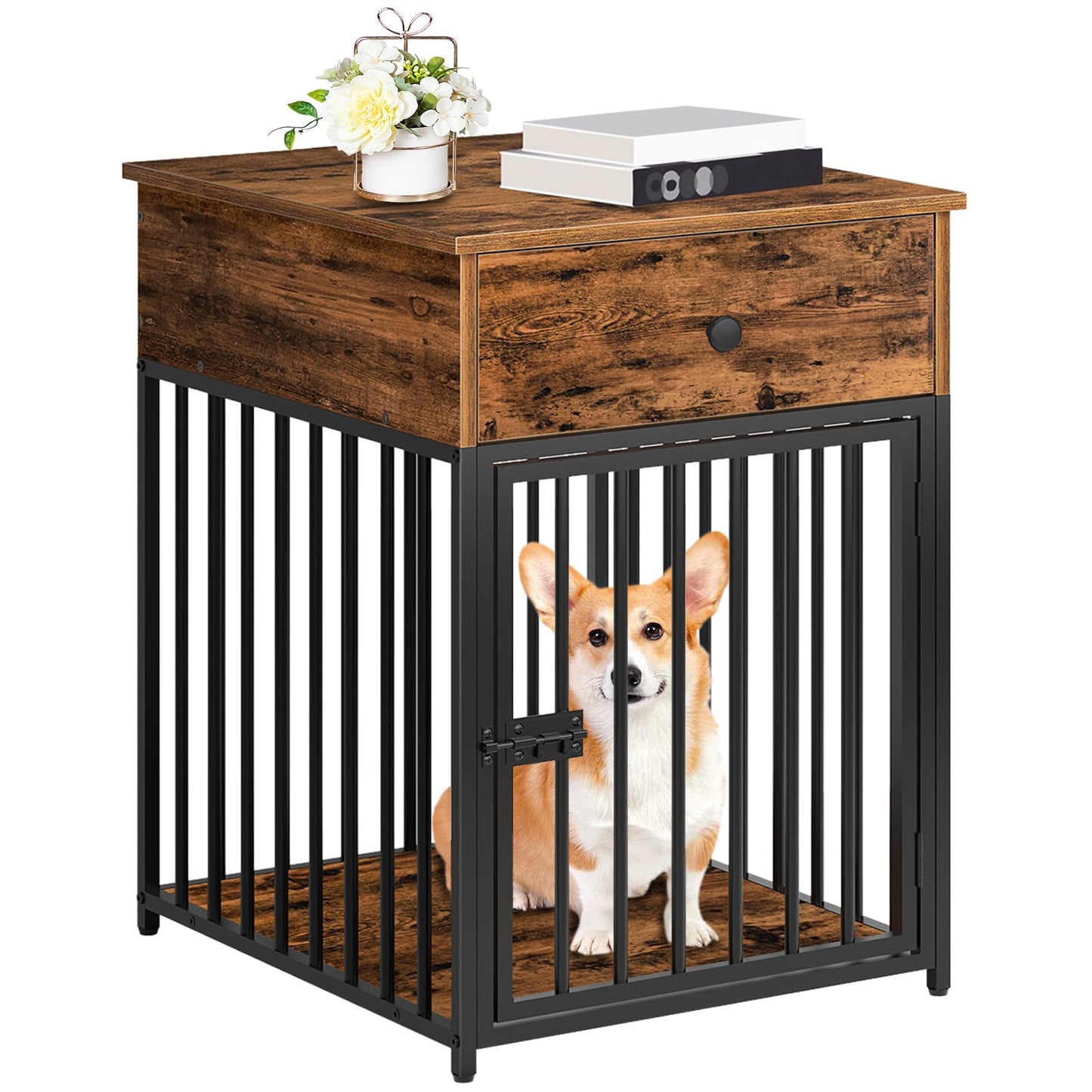 HOOBRO Dog Crate Furniture, Wooden Dog House, Decorative Dog Kennel with Drawer, Indoor Pet Crate End Table for Small Dog, Steel-Tube Dog Cage, - WoodArtSupply