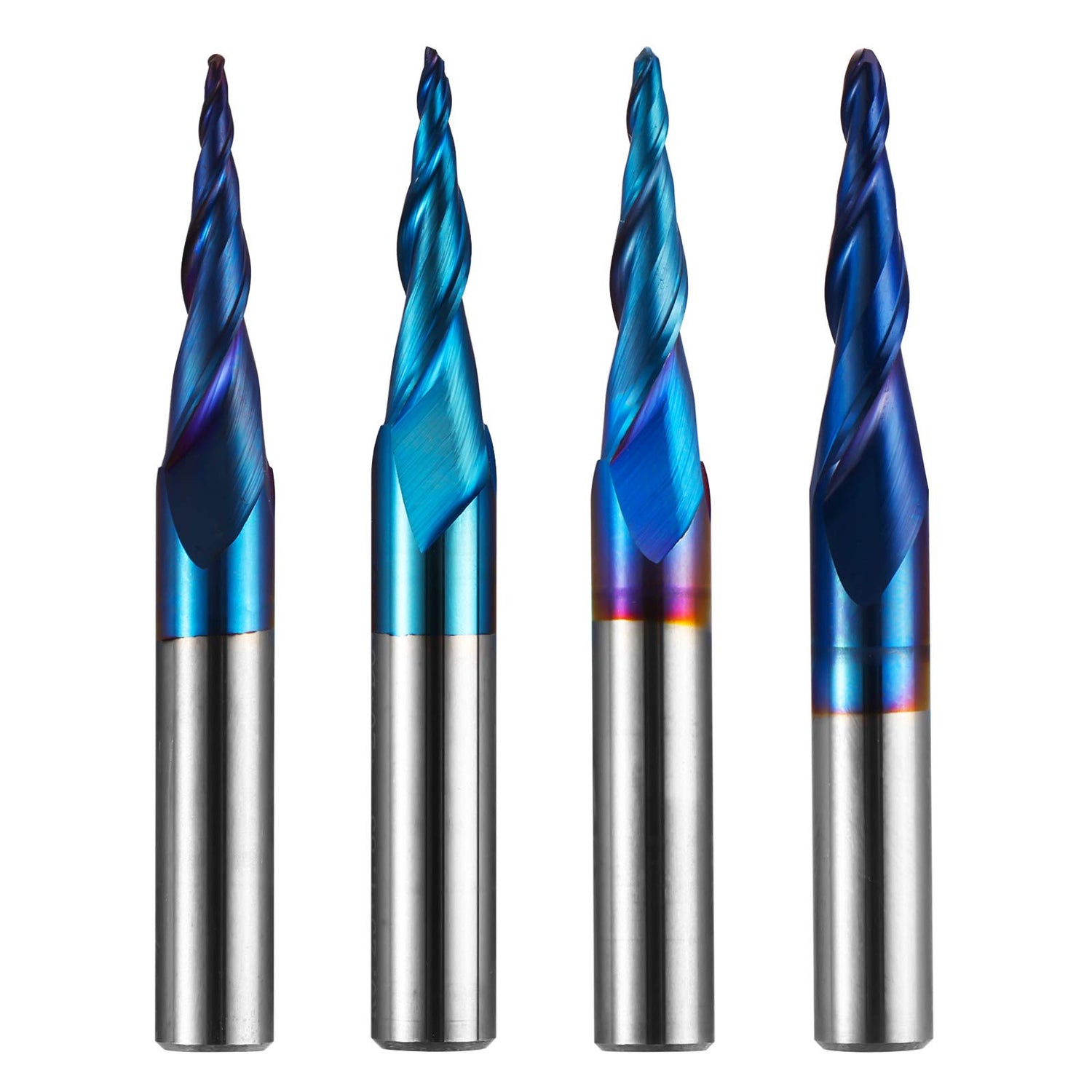 Genmitsu 4pcs 2-Flute Tapered Ball Nose Spiral End Mill, Nano Blue Coating Tungsten Carbide CNC Router Bits, 2D And 3D Engraving Carving Woodworking Genmitsu