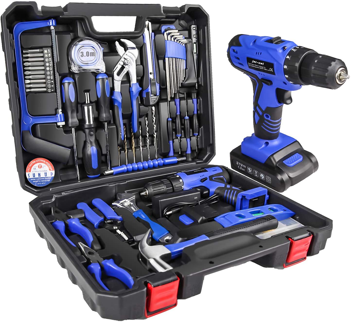 jar-owl 21V Tool Set with Drill, 350 in-lb Torque, 0-1350RMP Variable Speed, 10MM 3/8'' Keyless Chuck, 18+1 Clutch, 1.5Ah Li-Ion Battery & Charger - WoodArtSupply