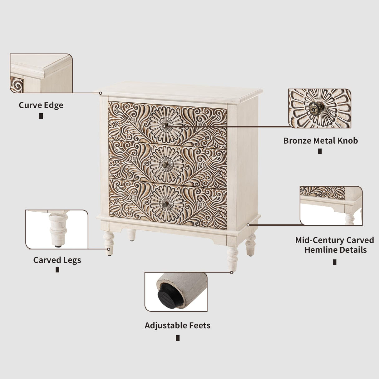 HOMPUS End Table w Flower Pattern, Nightstand w 3 Storage Drawers, Small Night Stand w Wood Grain Finish, Accent Table Side Table, Small Chest HOMPUS