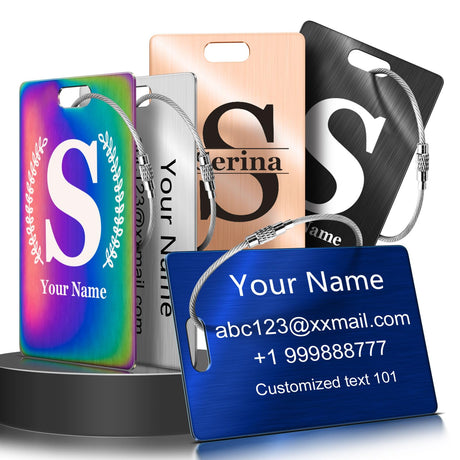 Personalized Initial Luggage Tags for Suitcases Bag - Laser Engraved Stainless Steel Custom Name ID Baggage Tags Travel Essentials Accessories - Fun DZIGNIQ