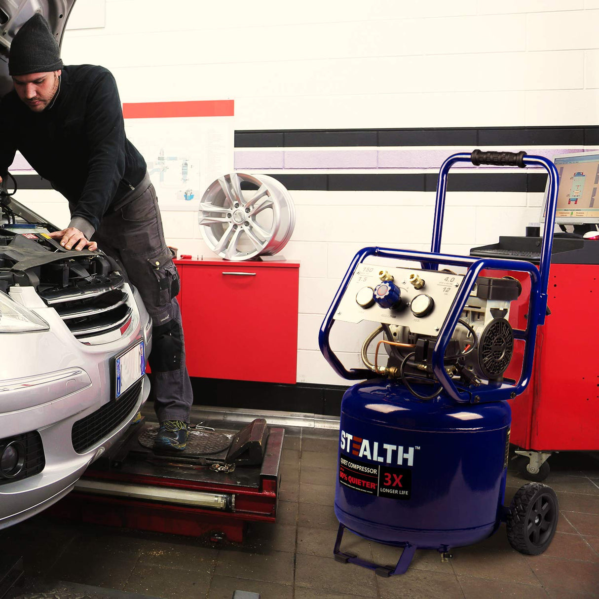 Stealth 12 Gallon Ultra Quiet Air Compressor, 1.5 HP Oil-Free Peak 150 PSI 68 Decibel Air Compressor,5 CFM @ 40 PSI 4 CFM @ 90 PSI Silent Portable Stealth