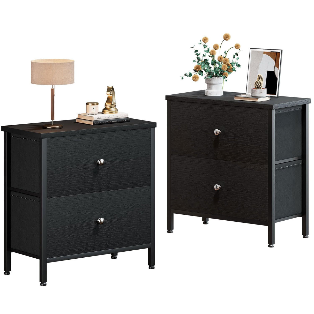 BOLUO Black Nightstands Set of 2, 2 Drawer Dresser for Bedroom Night Stand Small Nightstands End Table with Fabric Drawers Modern BOLUO