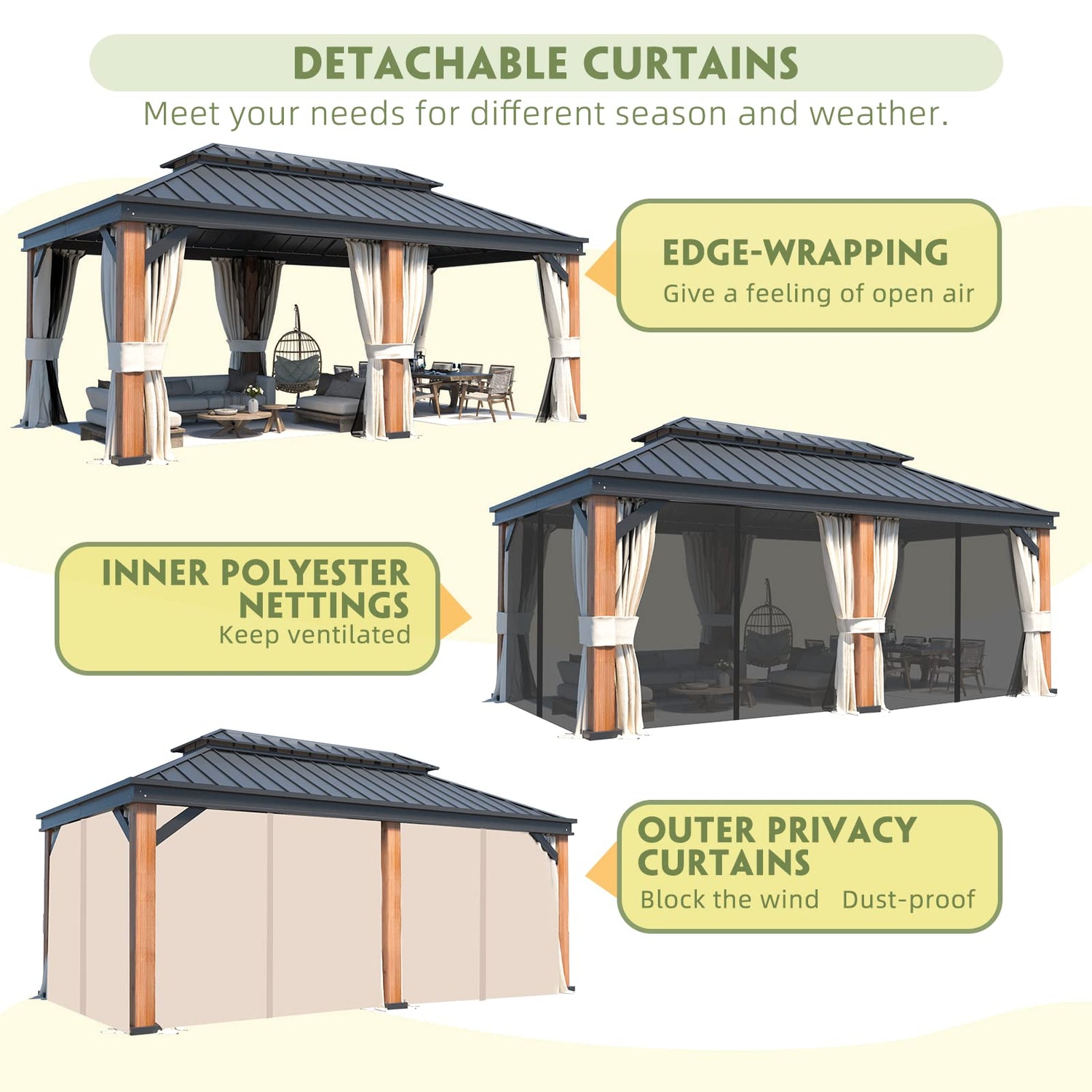 MELLCOM Gazebo 12' x 20', Wooden Finish Coated Thicker Aluminum Frame Gazebo with Galvanized Steel Roof, Outdoor Patio Gazebos with Curtains and MELLCOM