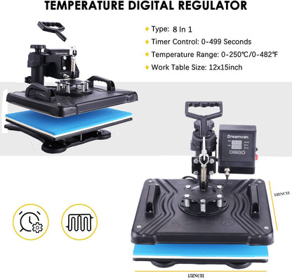 DREAMVAN Pro 8 in 1 Heat Press Machine Combo T Shirt Pressing Machine 15x12Multifunctional 360°Rotation Swing Printing Sublimation Heat Press - WoodArtSupply