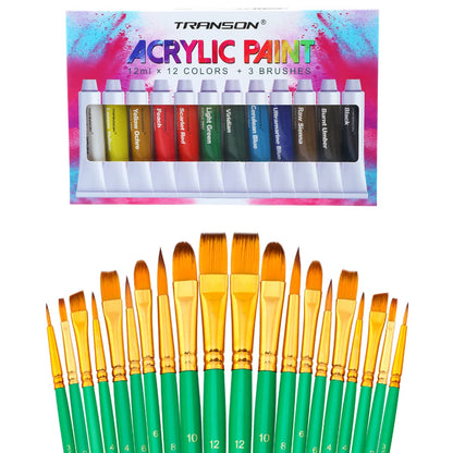 Transon 20pcs Artist Painting Brush Set and Acrylic Paint Set 12-Color with 3 Paint Brushes