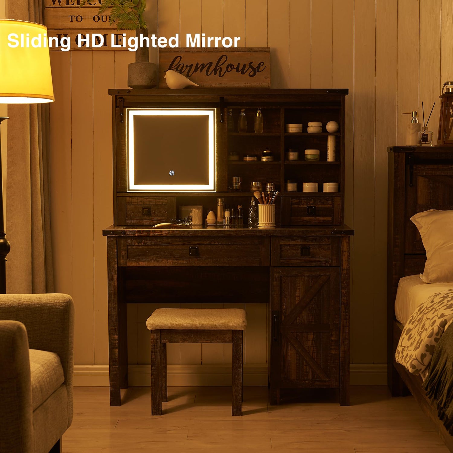 T4TREAM Farmhouse Makeup Vanity Desk with Sliding Mirror and Lights, 42'' Glass Tabletop Vanity Table with 2 Drawers & Shelves, Rustic Big Vanity Set T4TREAM