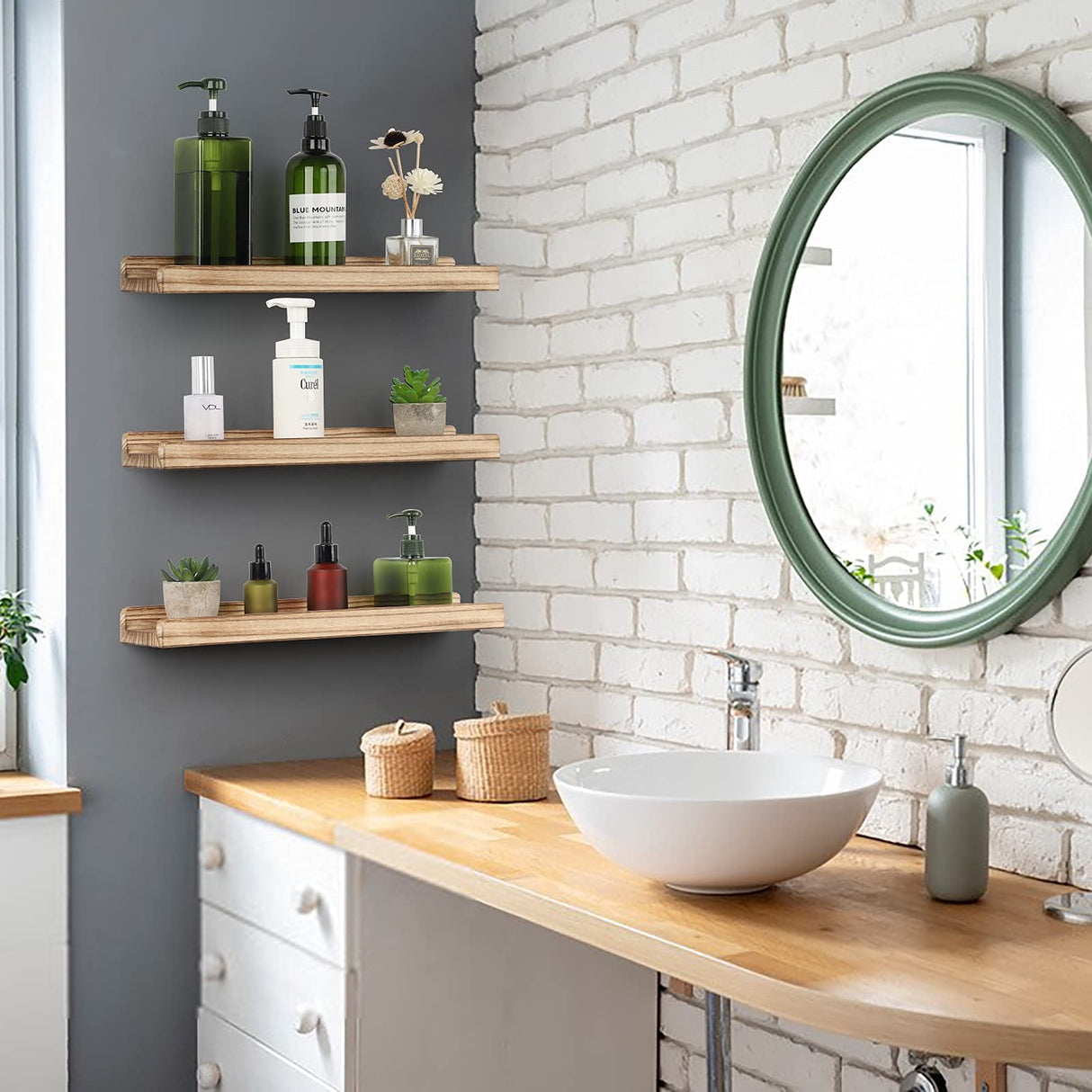 Emfogo Floating Shelves for Wall, 16.9 inch Wood Wall Shelves with Ledge, Floating Shelf Picture Ledge Set of 3 for Living Room Bedroom Kitchen Emfogo