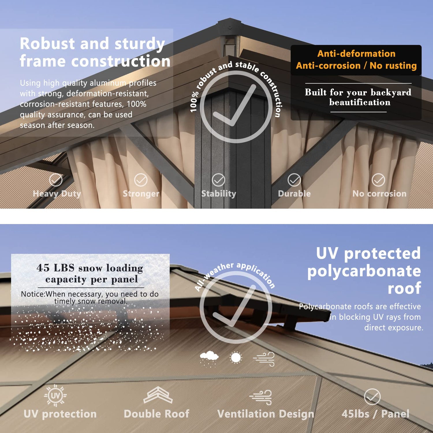 Jolydale 10'x12' Hardtop Gazebo, Double Roof Gazebo, Aluminum Frame Permanent Pavilion with Netting and Curtains, Outdoor Polycarbonate Gazebo, for Jolydale