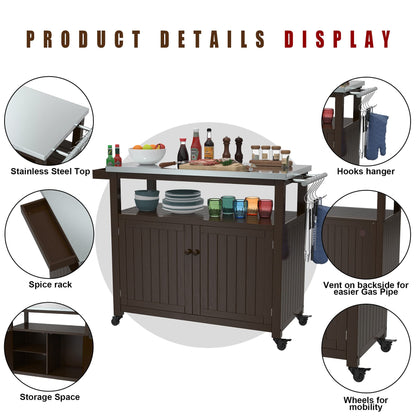 GDLF Outdoor Storage Cabinet Solid Wood Prep Grill Table with Stainless Steel Top Waterproof Cover Dark Brown - WoodArtSupply