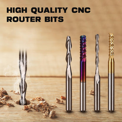 40pcs End Mills CNC Router Bits, 1/8 inch(3.175mm) Shank CNC Milling Carving Bit Set Including 2-Flute Flat & Ball Nose Spiral Bits, Nano Blue Coat &