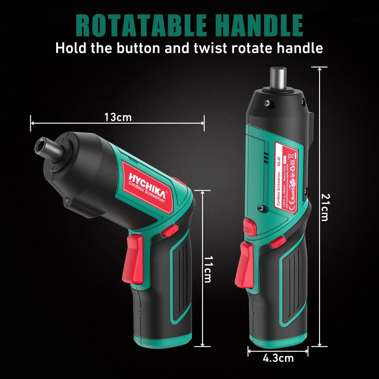 Cordless Screwdriver 6 N.m, HYCHIKA 4V 2000mAh Electric Screwdriver Gun, Adjustable 2 Position Handles, Front LED, DC Charging, 20pcs Accessories HYCHIKA BETTER TOOLS FOR BETTER LIFE